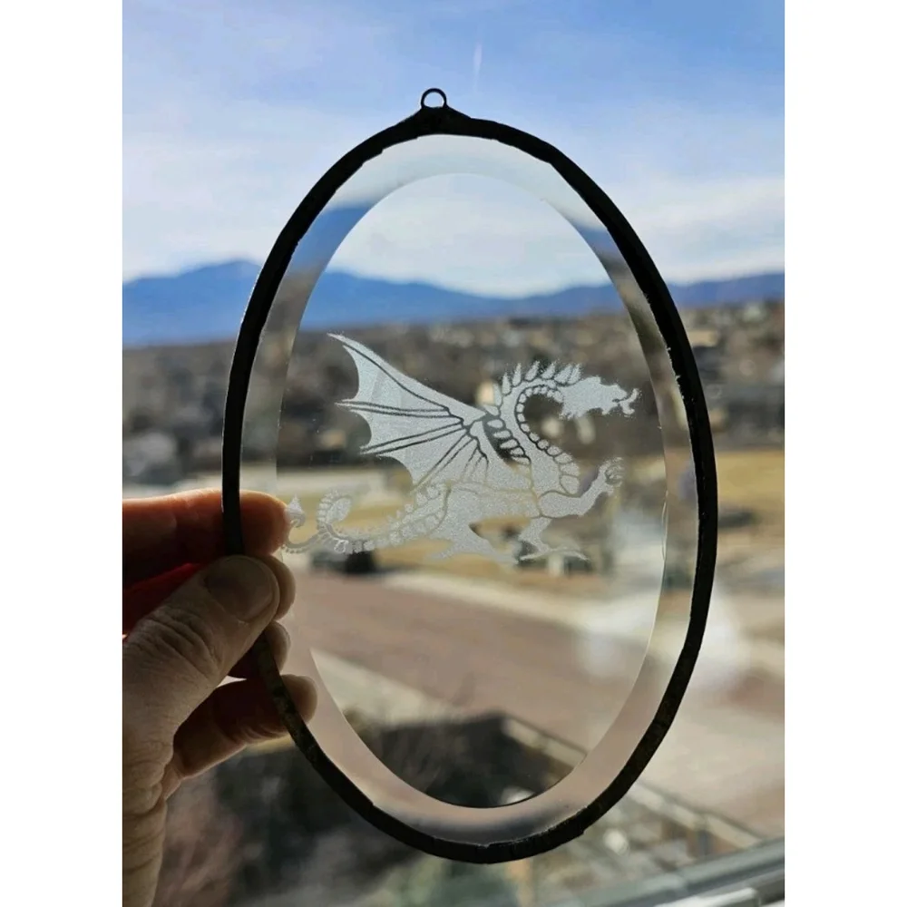 Vintage 3 Oval Etched Glass Unicorn Wolf Dragon Wall Hangings In Metal Frames
